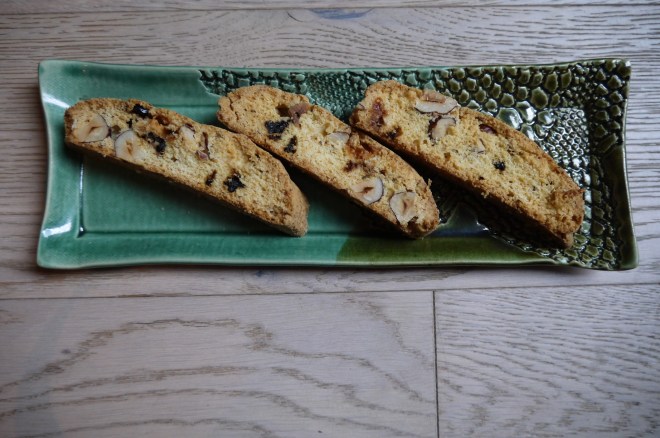 hazelnut white chocolate sour cherry biscotti - trust in kim