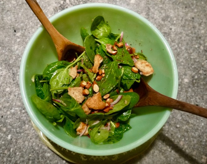 Ottolenghi baby spinach salad with dates and almonds - trustinkim