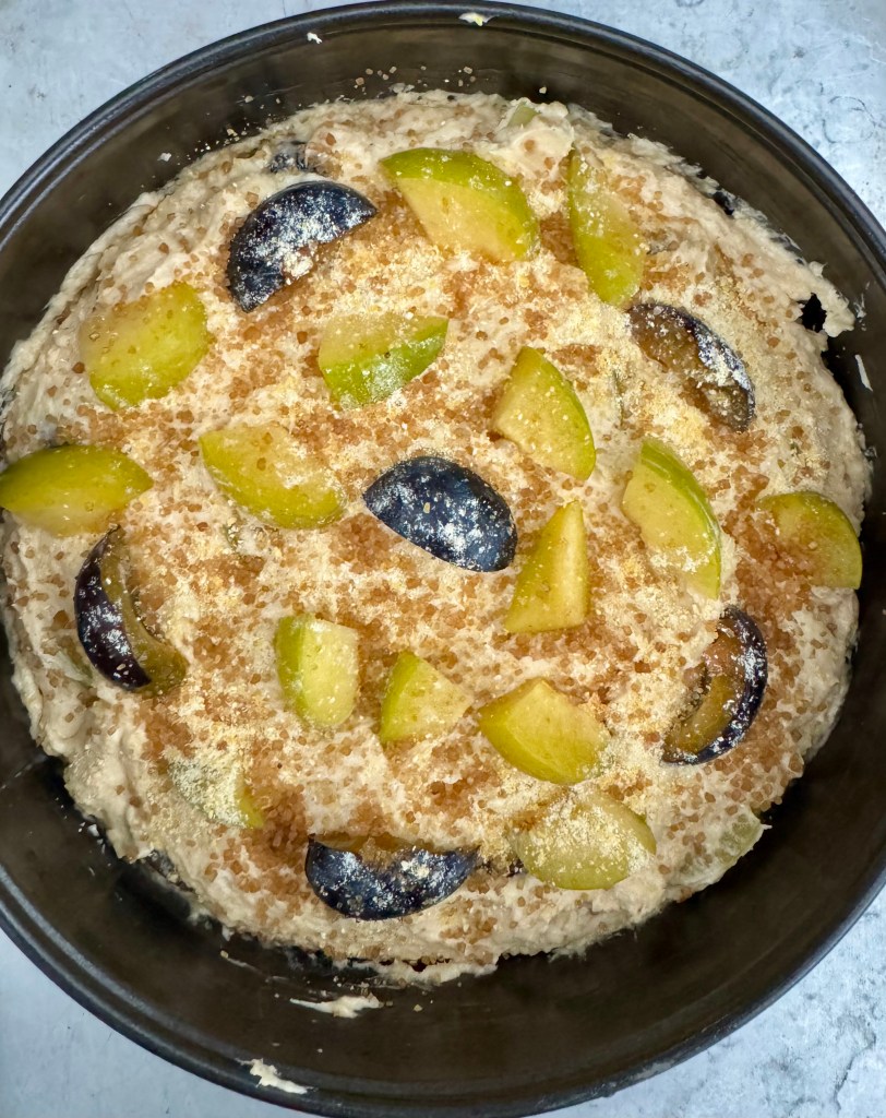 a photo of cake batter in a round pan topped with pieces of purple and green plum